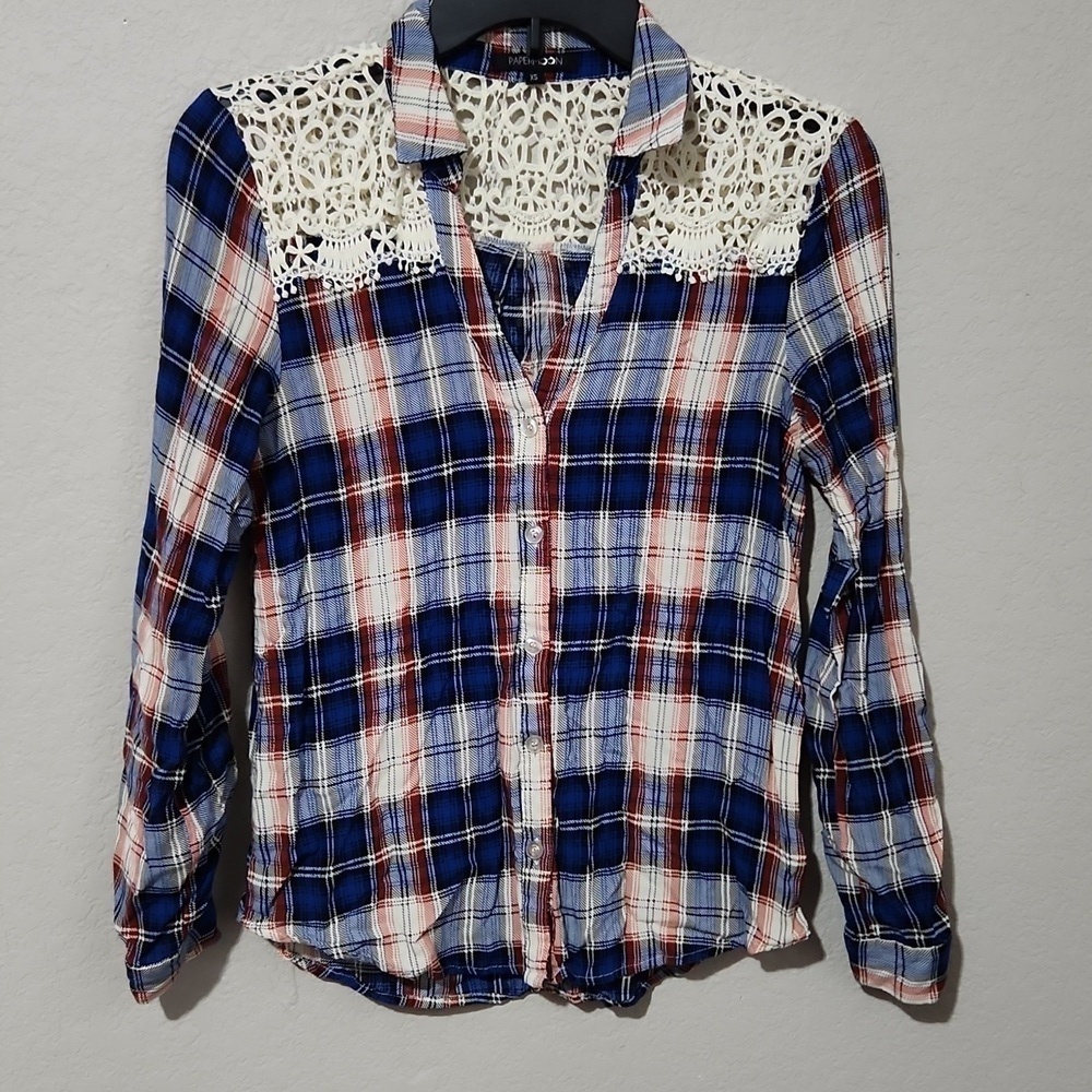 Papermoon Blouse Womens Extra Small Plaid Lace Blue Red White